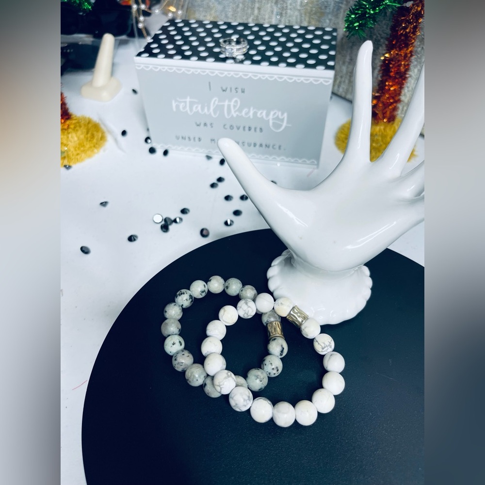 Pair of 8mm Natural Howlite Bracelets with Charm